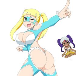 2girls alternate_costume arisa_ahokainen ass blonde blonde_hair breasts cosplay dark_skin dhalsim gobanme_no_mayoi_neko impossible_clothes large_breasts leotard long_hair mask open_eyes purple_hair rainbow_mika revealing_clothes street_fighter tasujin_ratu thick_thighs thighhighs thighs white_background