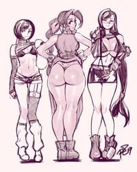 3girls aerith_gainsborough ass big_ass big_breasts bikini_top bottom_heavy breasts bubble_butt female female_only final_fantasy final_fantasy_vii huge_ass huge_breasts large_ass large_breasts monochrome multiple_girls negarobo robaato rough_sketch shirt_lift skirt_lift small_breasts square_enix thick_thighs thong tifa_lockhart top_heavy upskirt wide_hips yuffie_kisaragi