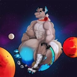 1boy anthro biceps big_balls blue_penis bodily_fluids cum earth ectogoat ed furry galaxy genital_fluids genital_piercing hybrid hyper hyper_balls hyper_penis macro macro_balls macro_penis male male_only mega_macro muscular muscular_male pawpads pecs penis penis_piercing piercing planet prosthetic sitting sitting_on_planet smile smirk space