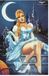 1girls big_breasts black_collar blue_dress blue_eyes blue_gloves blue_panties breasts busty castle choker cinderella cinderella_(fairy_tales) cinderella_(zenescope) cleavage collar comic_cover dress elias_chatzoudis eyeshadow female female_only glass_slipper gloves grimm_fairy_tales_(comic) half-closed_eyes heels large_breasts makeup mascara moon nude_stockings official_art panties pinup red_lips red_lipstick sitting slipper slippers solo stairs statue stockings text thighs zenescope zenescope_entertainment