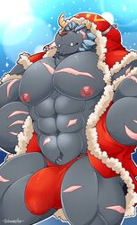 2017 abs beard big_bulge big_muscles black_body black_fur blue_hair bulge candy candy_cane christmas clothing demon facial_hair food fur hair holidays hoodie huge_muscles krampus_(tokyo_afterschool_summoners) looking_at_viewer male male_only muscular muscular_male nipples pecs penis_outline pink_nipples red_nose scar schwarzfox solo standing thong tokyo_afterschool_summoners topwear underwear video_games