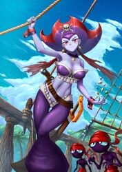 1girls absurdres adsouto belt black_skin blue_skin blush breasts choker cleavage clothed clouds cuffs detailed_background earrings female front_view hat highres hoop_earrings jewel large_breasts male midriff monster_boy multiple_boys navel outdoors pants pirate pirate_hat purple_hair red_eyes risky_boots shantae signature skull skull_and_crossbones sky smile smooth_skin standing sword thigh_gap tinkerbat toned tube_top underling villain villainess