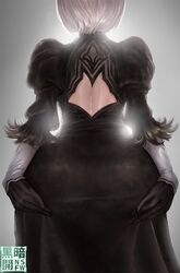 ass_focus back_view clinging close-up dat_ass dress huge_ass japanese_text lighting limgae looking_away nier:_automata nier_(series) pawg taut_clothes yorha_2b