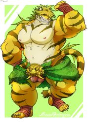 2019 5_fingers 5_toes anthro balls_outline big_muscles black_body black_fur blonde_hair bulge clothed clothing felid fingers fur grin hair huge_muscles looking_at_viewer macan_(tokyo_afterschool_summoners) magan male male_focus male_only mammal muscular muscular_male nipples pantherine pink_nipples pink_nose plantigrade smile solo standing striped_body striped_fur stripes tiger toes tokyo_afterschool_summoners topless toranoyouhei video_games white_body white_fur yellow_body yellow_fur