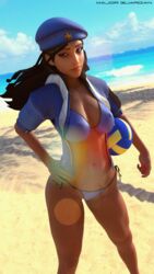 1girls 3d ana_amari beret bikini black_hair blender blizzard_entertainment blue_nail_polish brown_hair captain_amari dark-skinned_female dark_skin female female_only hips jacket long_hair major_guardian medium_breasts overwatch solo summer thighs volleyball