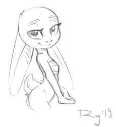 2019 anthro bottomless chest_wraps disney ears_down female fur judy_hopps lagomorph leporid looking_at_viewer mammal monochrome pivoted_ears qrog rabbit rough_sketch simple_background smile solo white_background zootopia