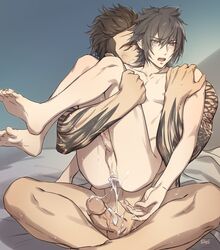 2boys after_sex anal barefoot blush brown_hair cum cum_in_ass cum_inside cumdrip dark_hair feet feet_up final_fantasy final_fantasy_xv gay gladiolus_amicitia grey_eyes human legs_up male male_only noctis_lucis_caelum nude reverse_cowgirl_position siren_position sitting_on_lap soles spread_legs sweat tattoo toes yaoi