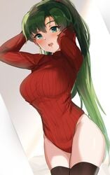 bottomless fire_emblem fire_emblem:_the_blazing_blade green_hair large_breasts leotard lyn_(fire_emblem) ormille red_sweater sweater thighhighs thighs