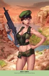 1girls american_flag artist_name beret big_breasts breasts busty character_name chris_ehnot cliff cut cuts david_delanty female female_only green_hat green_shirt green_shorts grimm_fairy_tales_(comic) gun hand_on_hips hat holding_gun hot_pants large_breasts machine_gun mercy_dante official_art orange_eyes pink_lips pinup pouch red_hair river shirt short_hair short_shorts shorts soldier solo standing zenescope zenescope_entertainment zipper zipper_pull_tab