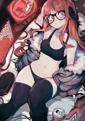 1girls almost_naked armpits atlus black_bra black_legwear black_panties black_thighhighs blush bra breasts clothing female female_focus female_only glasses headphones jacket knees_together_feet_apart long_hair matching_underwear navel open_mouth orange_hair panties parororo persona persona_5 playstation_vita sakura_futaba shin_megami_tensei solo sports_bra stockings thighhighs underwear white_skin wide_hips