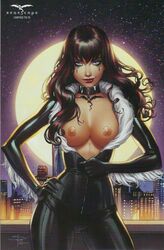 1girls 2017 bangs big_breasts black_bodysuit black_cat_(cosplay) black_cat_(marvel) black_hair blue_eyes bodysuit breasts busty city cityscape claws collar comic_cover dated exposed_nipples eye_contact eyeshadow felicia_hardy female female_only fur_trim grimm_fairy_tales_(comic) highlights keres_(zenescope) large_breasts lipstick looking_at_viewer marvel marvel_comics mascara multicolored_hair nipples official_art pink_nipples pinup red_highlights red_lips red_lipstick sabine_rich scan signature smile solo spider-man_(series) standing streaked_hair striped_hair text unzipping zenescope zenescope_entertainment zipper zipper_pull_tab