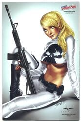 1girls artist_name belt big_breasts black_belt black_heels blonde_hair blue_eye breasts busty character_name comic_cover cosplay elias_chatzoudis eye_contact female female_only glowing_eye grimm_fairy_tales_(comic) gun heels holding_gun holding_weapon large_breasts lipstick long_hair long_sleeves looking_at_viewer machine_gun marvel marvel_comics nail_polish official_art pants pouch punisher punisher_(cosplay) red_lips red_lipstick red_nail_polish red_nails robyn_hood robyn_locksley scan scar shirt short_shirt sitting smile smiling solo the_punisher weapon white_background white_pants white_shirt yellow_eye zenescope zenescope_entertainment