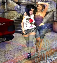 2girls 3d anna_marie_(bangbangrush) artist_name bangbangrush bare_shoulders big_breasts bimbo black_hair brown_eyes brown_hair busty car curvy detailed_background female female_only footwear front_view hair_ornament hairclip hourglass_figure human legwear long_hair looking_at_viewer megan_(bangbangrush) midriff multiple_females multiple_girls open_mouth outdoor outside phone pose posing shadow short_shorts short_skirt shorts shortstack skirt small_breasts spread_legs spreading stockings text tied_hair twintails voluptuous walking wide_hips