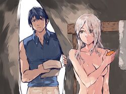 1boy 1girls arms blue_hair breasts chrom_(fire_emblem) cleavage clothed_male_nude_female female fire_emblem fire_emblem_awakening highres nintendo nude nude_female robin_(fire_emblem) robin_(fire_emblem)_(female) shower surprised tagme walk-in white_hair yourfreakyneighbour