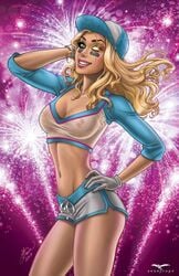 1girls 2017 baseball_cap big_breasts blonde_hair blue_hat breasts busty cap comic_cover cowboy_shot dawn_mcteigue eyeshadow female female_only fireworks gloves glowing_eye green_eyes grimm_fairy_tales_(comic) hand_on_hips hot_pants large_breasts lipstick long_hair looking_at_viewer makeup mascara nipples official_art pink_background pink_lips pink_lipstick pink_nipples pinup robyn_hood robyn_locksley see-through_shirt shirt short_shorts shorts smile solo standing thighs warpaint white_gloves yellow_eye zenescope zenescope_entertainment