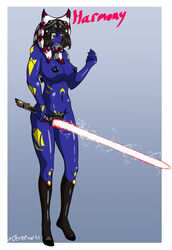 belly blue_skin cpt.testerworks full_body green_eyes lightsaber midriff muscular piercing red_lightsaber standing star_wars stomach tagme tattoo togruta yellow_eyes