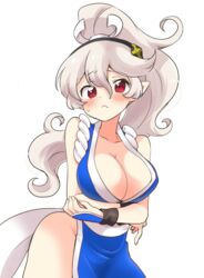 1girls alternate_hairstyle arms_under_breasts bare_shoulders blush breasts can't_be_this_cute cleavage corrin_(fire_emblem) corrin_(fire_emblem)_(female) cosplay elf eromame fatal_fury female female_only fire_emblem fire_emblem_fates hair_between_eyes hair_ornament hairband japanese_clothes king_of_fighters large_breasts long_hair looking_at_viewer mai_shiranui_(cosplay) nintendo no_bra no_panties pelvic_curtain pointy_ears ponytail red_eyes revealing_clothes sash silver_hair solo standing super_smash_bros. white_background