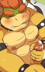 2019 anthro belly blush bodily_fluids bowser closed_eyes cum ejaculation erection genital_fluids humanoid_hands humanoid_penis koopa male male_only mario_(series) masturbation moobs nintendo nipples overweight overweight_male penis scalie solo video_games yoshizaurusu_n