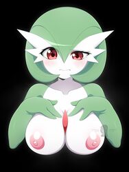 1girls 3_fingers anthro anthrofied areolae big_breasts black_background blush breasts eye_contact eyelashes female female_only gardevoir green_hair green_skin hands_on_breasts inverted_nipples iryanic looking_at_viewer nintendo nipples pink_skin pokémon_(species) pokemon pokemon_(species) pokemon_rse pose red_eyes short_hair solo text topless watermark white_skin