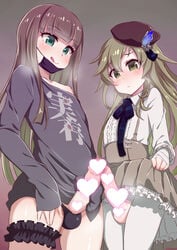 2boys :q black_panties black_shirt blue_eyes brown_hair censored center_frills clothes_writing erection face_mask femboy frilled_skirt frills frottage gradient_hair green_eyes green_hair gretel_(sinoalice) grey_skirt heart heart_censor high-waist_skirt highres konboi-eg leg_garter lifted_by_self long_hair long_sleeves looking_down male_focus mask mask_pull masturbation mouth_mask multicolored_hair multiple_boys multiple_penises panties pantyhose penis penises_touching pinocchio_(sinoalice) reality_arc_(sinoalice) shirt sinoalice skirt skirt_lift sleeves_past_fingers sleeves_past_wrists surgical_mask suspender_skirt suspenders testicles tongue tongue_out torn_clothes torn_legwear trap trap_on_trap underwear very_long_hair white_legwear white_shirt yaoi