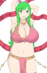 1girls blush breasts cleavage cosplay embarrassed exhibitionism female female_only fire_emblem fire_emblem:_genealogy_of_the_holy_war fire_emblem_awakening green_eyes green_hair hair_ornament highres huge_breasts jewelry large_breasts lene_(fire_emblem)_(cosplay) long_hair looking_at_viewer midriff milf navel necklace nintendo open_mouth plump raigarasu revealing_clothes smile solo sumia_(fire_emblem) thick_thighs thighs third-party_edit