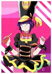 1girls 2018 alternate_color black_hair black_panties bracelet colored_background cosplay crossover deanialsart fanart hat impossible_clothes jakuzure_nonon jakuzure_nonon_(cosplay) kill_la_kill kyoka_jiro miniskirt my_hero_academia open_eyes panties pixiv short_hair skirt smile solo underwear watermark