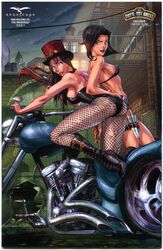 2017 2girls big_breasts black_bra black_corset black_hair black_heels blue_eyes blue_shorts bra breasts busty chris_ehnot cityscape comic_cover copyright_name corset crossbow david_delanty female female_only fishnet fishnet_legwear fishnets goggles goggles_on_head grimm_fairy_tales_(comic) hat heels hot_pants jean_shorts large_breasts liesel_van_helsing lipstick long_hair medium_breasts motorcycle nipple_bulge nipples official_art pinup purple_eyes raised_eyebrow red_lips red_lipstick short_hair short_shorts stake text thighs wu_shen_hao zenescope zenescope_entertainment