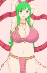 1girls blush breasts cleavage cosplay embarrassed exhibitionism female female_only fire_emblem fire_emblem:_genealogy_of_the_holy_war fire_emblem_awakening green_eyes green_hair hair_ornament highres huge_breasts jewelry large_breasts lene_(fire_emblem)_(cosplay) long_hair looking_at_viewer midriff milf navel necklace nintendo open_mouth photoshop plump raigarasu revealing_clothes smile solo sumia_(fire_emblem) thick_thighs thighs