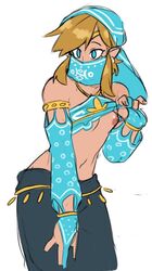 1boy 2017 androgynous areolae blonde_hair blue_eyes breath_of_the_wild canon_crossdressing chubbuppy crossdressing femboy gerudo_link gerudo_top gerudo_veil girly hylian link link_(breath_of_the_wild) male male_only navel nintendo nipples pointy_ears shoripurin solo the_legend_of_zelda trap