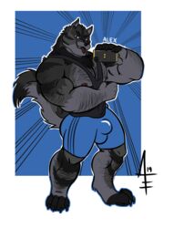 2019 aereous alex_nightmurr alternate_version_at_source anthro biceps black_body black_fur body_hair bulge canid canine canis cellphone chest_hair clothing flexing fur hairy hairy_arms looking_at_viewer male male_only mammal mature_male muscular muscular_male phone purple_eyes selfie shirt simple_background smile smirk solo solo_male story story_in_description tank_top tongue tongue_out topwear wolf