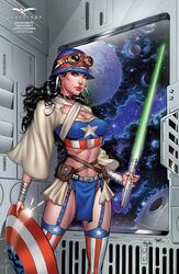 1girls american_flag american_flag_bikini american_flag_legwear avengers big_breasts black_collar blue_bra blue_eyes blue_loincloth bra breasts captain_america captain_america_(cosplay) cleavage collaboration collar cosplay crossover death_star dual_wielding female female_only goggles_on_head green_lightsaber grimm_fairy_tales_(comic) helmet holding_shield holding_weapon jedi jedi_(cosplay) liesel_van_helsing lightsaber loincloth marvel marvel_comics michael_dooney moon multiple_crossover panties pinup pouch red_lips red_lipstick robe round_shield shield solo standing star_wars star_wars_(cosplay) thighs thong ula_mos weapon white_robe zenescope zenescope_entertainment