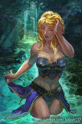 1girls abs athletic bare_arms bare_shoulders bathing big_breasts bikini blizzard_entertainment blonde_hair blush breasts bustier cleavage closed_eyes closed_mouth collarbone corset fantasy female female_only forest glowing glowing_hair human jaina_proudmoore judash137 large_breasts legs lips lipstick long_hair magic midriff muscle nature navel outdoors pink_skin red_lipstick solo submerged swimsuit thighs toned toned_female underwear waist warcraft wide_hips world_of_warcraft