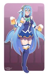 1girls alcohol alternate_costume aqua_(konosuba)_(cosplay) azura_(fire_emblem) beer blue_hair blush boots collar cosplay dress drunk earrings embarrassed fire_emblem fire_emblem_fates gem hair_ornament heel_boots high_heel_boots impossible_clothes jewel kono_subarashii_sekai_ni_shukufuku_wo! long_hair minidress miniskirt nintendo sarukaiwolf skirt solo thigh_boots thighhigh_boots