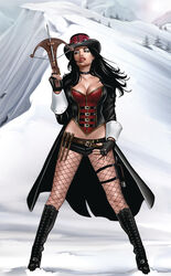 1girls big_breasts black_boots black_cape black_collar black_gloves black_hair black_nail_polish black_nails black_shorts boots breasts bustier busty cape collar comic_cover corset crossbow eyeshadow female female_only fingerless_gloves fishnet fishnet_legwear gloves green_eyes grimm_fairy_tales_(comic) hat holding_crossbow hot_pants keith_garvey kneehighs large_breasts liesel_van_helsing lipstick long_hair makeup mascara mountain mountains nail_polish official_art pinup red_corset red_lips red_lipstick short_shorts shorts snow solo stake stakes standing top_hat zenescope zenescope_entertainment