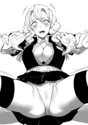 1boy 1girls blush breasts cameltoe canon_couple demon_slayer faceless_male female female_focus hand_holding iguro_obanai inner_thighs kanroji_mitsuri kimetsu_no_yaiba large_breasts looking_at_viewer miniskirt monochrome open_eyes open_mouth open_shirt panties short_hair skirt spread_legs sugarbeat thighhighs unbuttoned_shirt underwear upskirt white_panties