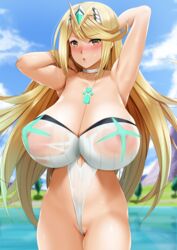 1girls areolae armpits arms_behind_head arms_up bangs between_labia blonde_hair blush breasts cleavage competition_swimsuit earrings eyebrows_visible_through_hair female female_only gem hair_ornament hands_behind_head headpiece highres hikari_(xenoblade_2) huge_breasts innie_pussy janong jewelry large_areolae large_nipples long_hair looking_at_viewer mythra nintendo nipples one-piece_swimsuit open_mouth pussy see-through shiny shiny_skin simple_background solo standing swept_bangs swimsuit tiara very_long_hair xenoblade_(series) xenoblade_chronicles_2 yellow_eyes