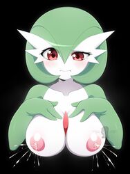 1girls 3_fingers anthro anthrofied areolae big_breasts black_background blush breasts eye_contact eyelashes female female_only gardevoir green_hair green_skin hands_on_breasts inverted_nipples iryanic lactation looking_at_viewer milk nintendo nipples pink_skin pokémon_(species) pokemon pokemon_(species) pokemon_rse pose red_eyes short_hair solo text topless watermark white_skin