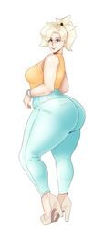 1girls ass bags_under_eyes blonde_hair blue_eyes blue_jeans bracelet curvy earrings female_only high_heels huge_ass jeans large_breasts looking_at_viewer looking_back mercy no_socks open_toe_shoes orange_shirt overwatch plump ponytail slightly_chubby smile sunnysundown thick_thighs tight_jeans tight_pants wide_hips