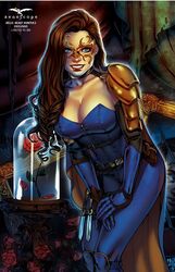 1girls annabelle_dimarco big_breasts blue_bodysuit blue_eyes bodysuit breasts brown_hair busty cape cleavage comic_cover elias_chatzoudis eyeshadow female female_only glass grimm_fairy_tales_(comic) knife knives large_breasts leaning_forward lipstick long_hair makeup mascara mask official_art pauldron pinup red_lips red_lipstick rose roses smile smiling solo text throwing_knife throwing_knives yellow_mask zenescope zenescope_entertainment