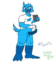 1boy anthro avian blue_feathers cellphone erection male male_only penis solo standing tezcatl tezcatl-ayauhtli tongue_out tweetfur twitter