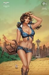 1girls arm_up basket big_breasts blue_bra blue_eyes boots bra breasts brown_boots brown_hair busty city cityscape cleavage collaboration comic_cover denim_shorts dorothy_gale dorothy_gale_(zenescope) female female_only grass grimm_fairy_tales_(comic) hot_pants large_breasts mike_krome official_art picnic_basket pinup red_lips red_lipstick seattle short_shorts shorts signature skyline solo space_needle standing text the_wizard_of_oz twintails ula_mos yellow_brick_road zenescope zenescope_entertainment