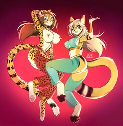 2019 4_toes 5_fingers anthro areola blue_eyes breasts brown_hair cheetah clothed clothing domestic_cat eyebrows eyelashes felid feline felis female fingers green_eyes hair hihikori mammal nipples pussy toes