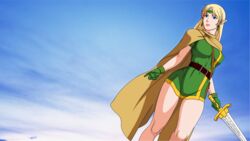 1girls belt blonde_hair blue_eyes breasts cape curvaceous deedlit dress elf female humanoid jewelry large_breasts long_hair pale-skinned_female pale_skin pinoytoons pointy_ears record_of_lodoss_war sword wide_hips