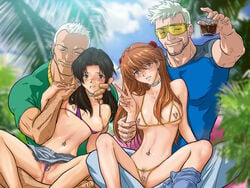 2boys 2girls \r\n age_difference asuka_langley_sohryu bare_legs bare_shoulders barefoot beard_stubble bikini bikini_bottom_aside blue_eyes blue_shirt blue_sky blurry blush bra breastless_clothes breasts brown_eyes brown_hair censored cheating choker clitoris_piercing clitoris_ring clothing clothing_aside cloud collarbone crotch crotchless crotchless_panties crotchless_swimsuit cupless_bra depth_of_field douchebags drink earrings empty_eyes facial_hair female forced freckles gainax glass glasses green_shirt hair hairy hand_on_another's_face hand_on_shoulder hands head_tilt highres hikari_horaki holding horaki_hikari human imminent_rape jewelry leaf legs light-skinned_female light_skin lip_piercing long_hair looking_at_viewer male_hand manly medium_breasts meguro_fukuzou micro_bikini mosaic_censoring multiple_boys multiple_girls navel navel_piercing neon_genesis_evangelion nervous nipple_piercing nipple_rings nippleless_clothes nipples no_shirt nose_piercing ntr open_fly outdoors panties pants pants_around_one_leg piercing plant pubic_hair purple_bikini pussy_piercing raglan_sleeves shiny shiny_hair shiny_skin shirt sitting sitting_on_person skindentation skinny skirt sky small_breasts smile souryuu_asuka_langley spread_legs stubble sunglasses swimsuit swimsuit_under_clothes tree twintails underwear unzipped v yellow_bra yellow_panties