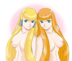 2008 2girls blonde_hair blue_eyes breasts curvaceous dianna_soreil female gundam human kihel_heim large_breasts light-skinned_female light_skin long_hair look-alike looking_at_viewer multiple_girls nipples nude orange_hair sabachiyo_land turn_a_gundam