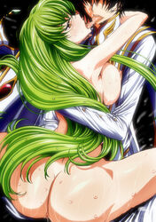 anus ass black_hair blush breasts brown_eyes c.c. clothed_male_nude_female clothed_on_nude code_geass female green_hair huge_ass kissing lelouch_lamperouge long_hair male nude saliva sweat tongue uncensored