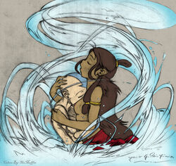 1boy 1boy1girl 1girls aang air_nomad airbender_tattoo avatar_legends avatar_the_last_airbender clothing dark-skinned_female dark_skin female fire_nation_clothing human interracial katara male male/female nickelodeon small_breasts straight straight_hair the_avatar themuffin water water_tribe waterbending