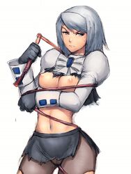 ace_attorney franziska_von_karma fumio_(rsqkr) gloves gyakuten_saiban karuma_mei no_bra pantyhose short_hair silver_hair sweatdrop torn_clothes torn_pantyhose whip