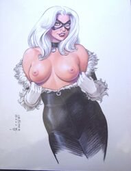 1girls 2003 big_breasts black_cat_(marvel) breasts felicia_hardy female female_only human joseph_michael_linsner large_breasts long_hair marvel nipples smile solo spider-man_(series) straight_hair white_background white_hair zipper_pull_tab