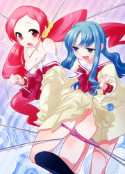 2girls :d ass blue_eyes blue_hair blush bow bra breasts clothing erika_kurumi female heartcatch_precure! kneehighs lingerie long_hair medium_breasts multiple_girls nipples off_shoulder open_mouth panties panty_pull pink_eyes pink_hair polka_dot precure pretty_cure pussy_juice restrained school_uniform serafuku smile star strap_slip sweat tears tied_hair tsubomi_hanasaki twintails underwear usamirui very_long_hair yuri